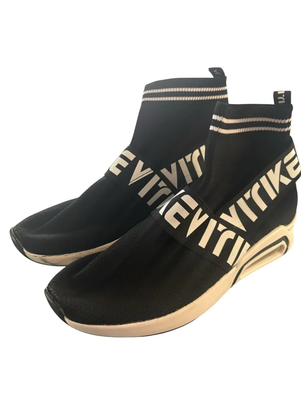 Black Knit High-Top Slip-On Sneakers with Contrast Strap
